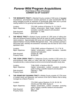 Forever Wild Program Acquisitions (Tract Values at Time of Purchase) CURRENT AS of 12/22/2017