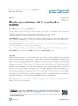 Riboflavin Metabolism: Role in Mitochondrial Function