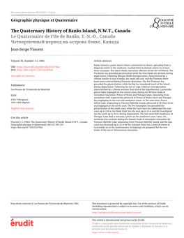 The Quaternary History of Banks Island, N.W.T., Canada Le Quaternaire De L’Île De Banks, T.-N.-O., Canada Чeтвepтичный Пepиoд Нa Ocтрове Бэнкc