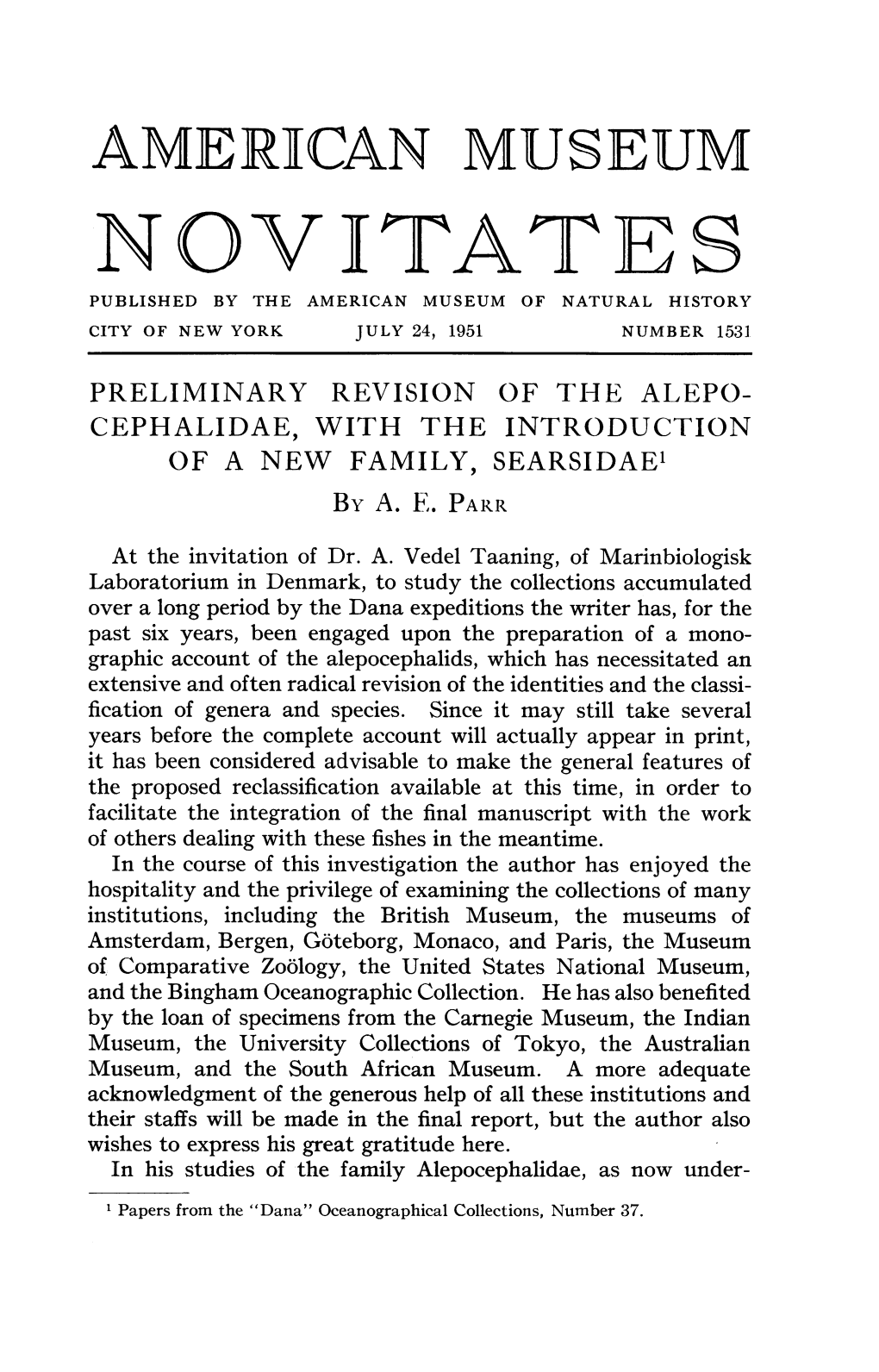 Novitates Published by the American Museum of Natural History City of New York July 24, 1951 Number 1531