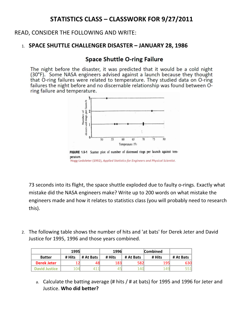 Statistics Class Classwork for 9/27/2011