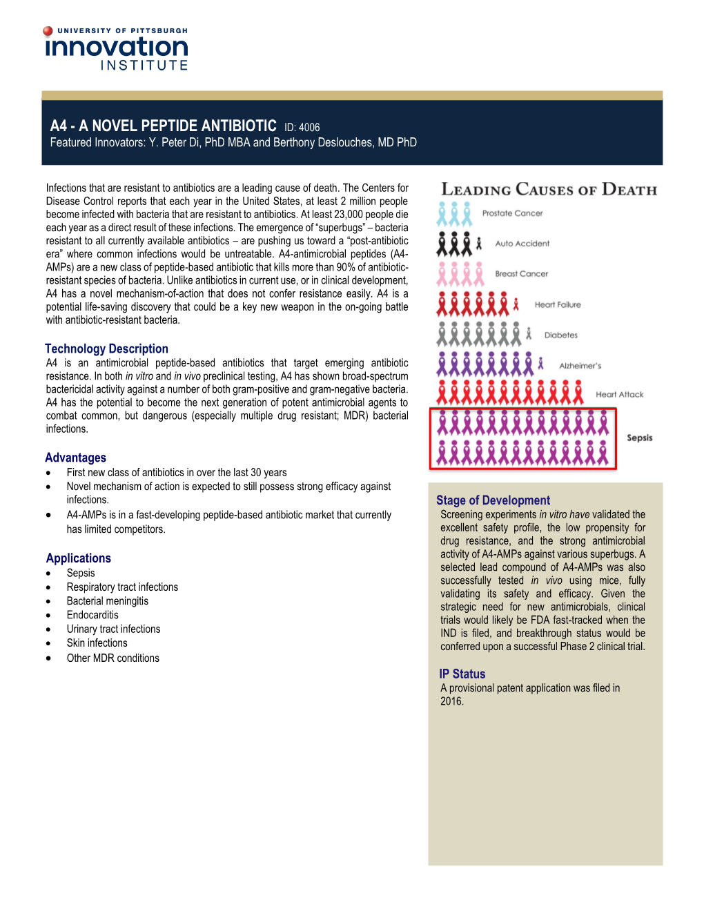 A4 - a NOVEL PEPTIDE ANTIBIOTIC ID: 4006 Featured Innovators: Y