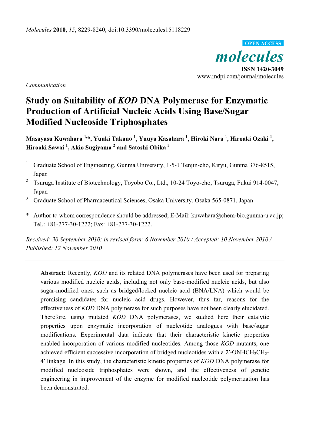 Study on Suitability of KOD DNA Polymerase for Enzymatic Production of Artificial Nucleic Acids Using Base/Sugar Modified Nucleoside Triphosphates