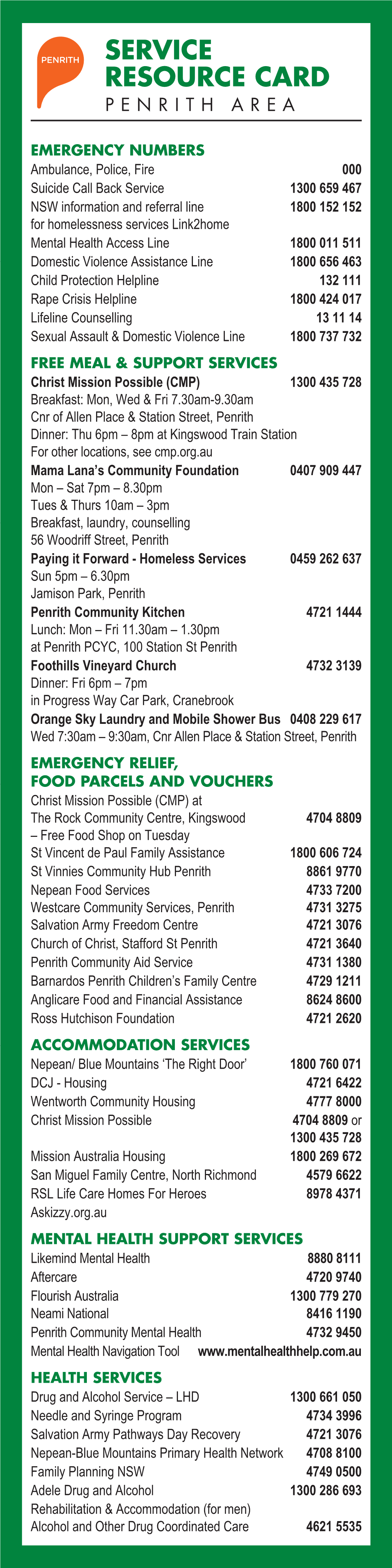 Penrith Homelessness and Support Services Resource Card