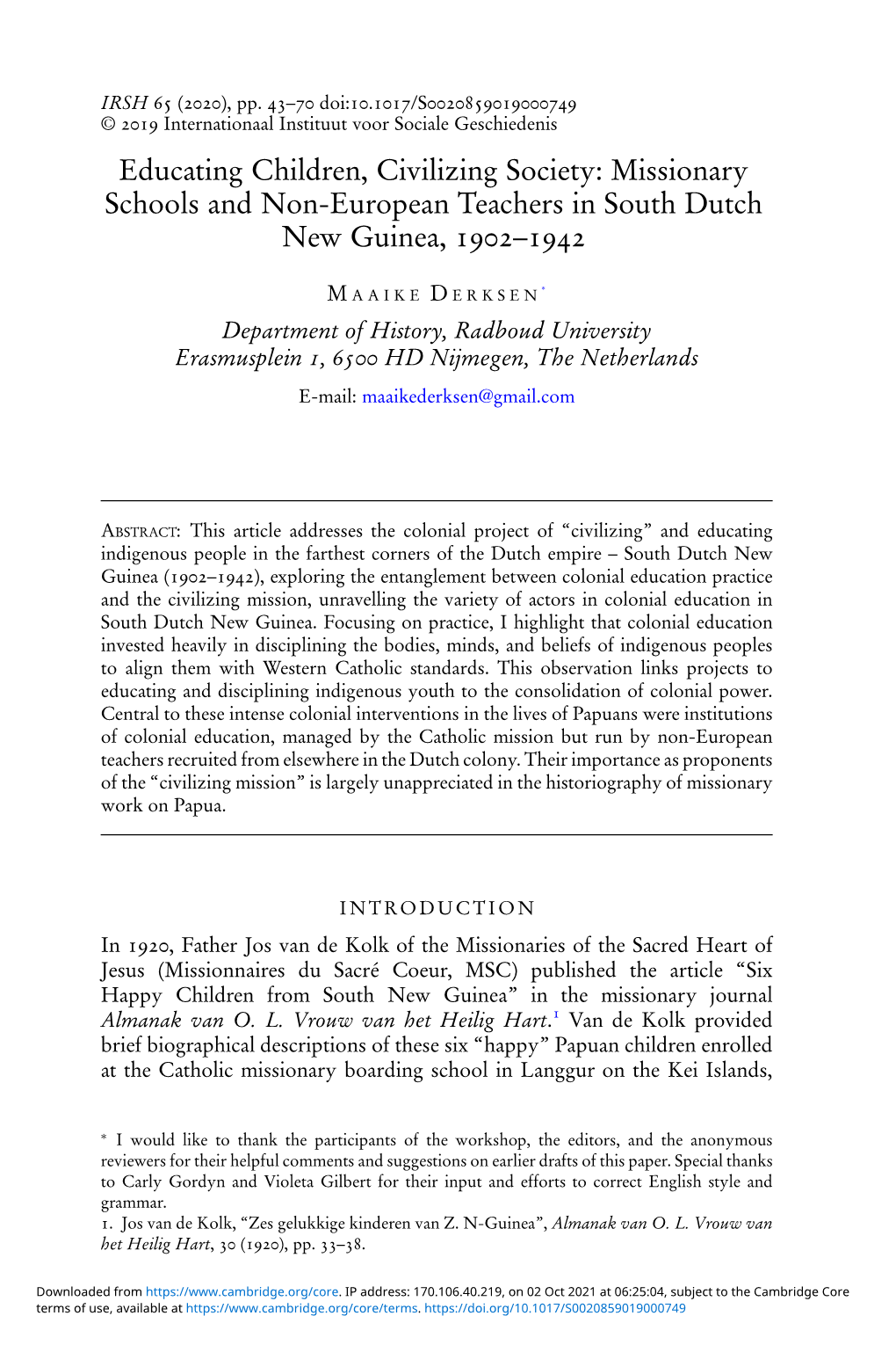 Educating Children, Civilizing Society: Missionary Schools and Non-European Teachers in South Dutch New Guinea, –