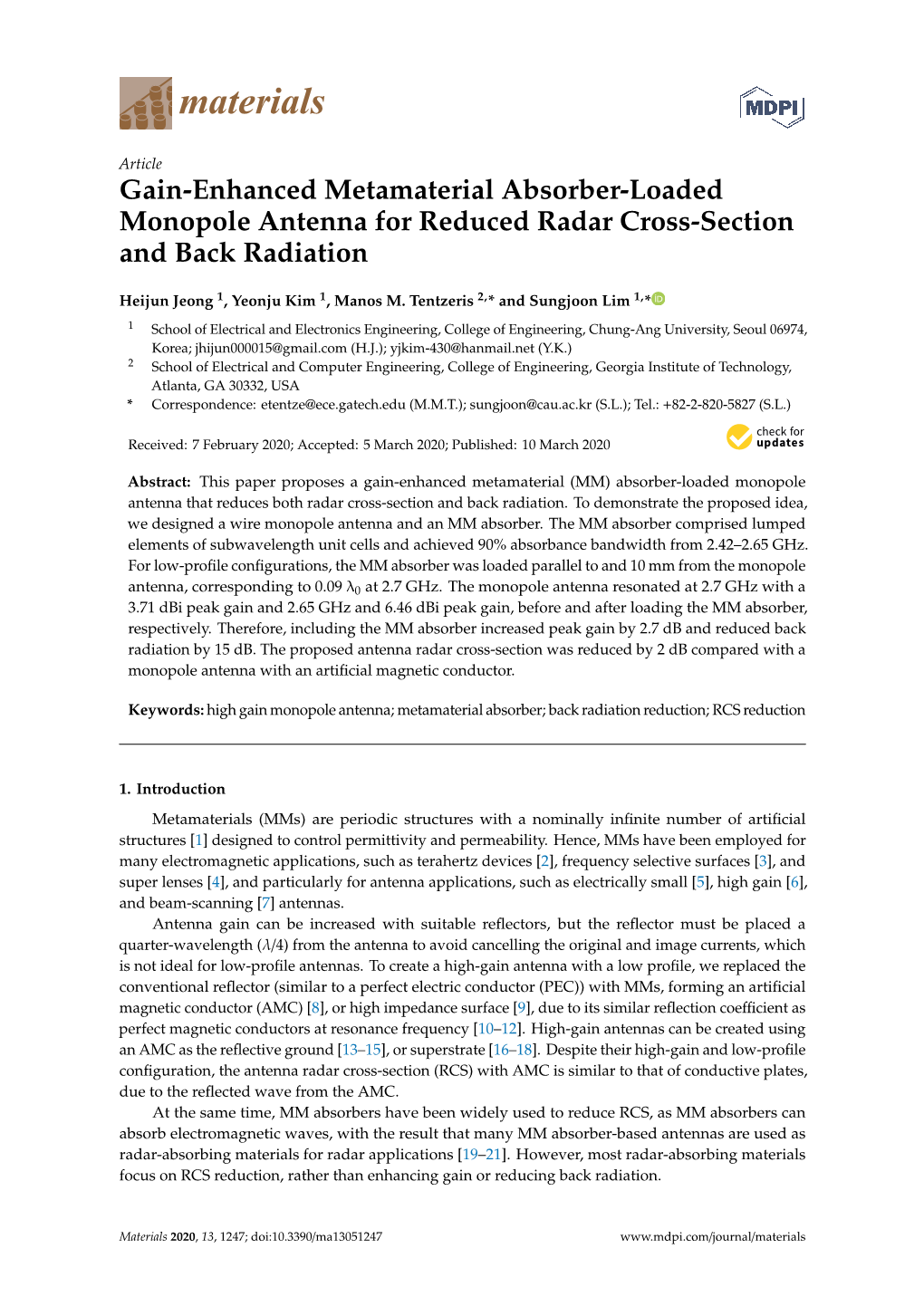 Gain-Enhanced Metamaterial Absorber-Loaded Monopole Antenna for Reduced Radar Cross-Section and Back Radiation