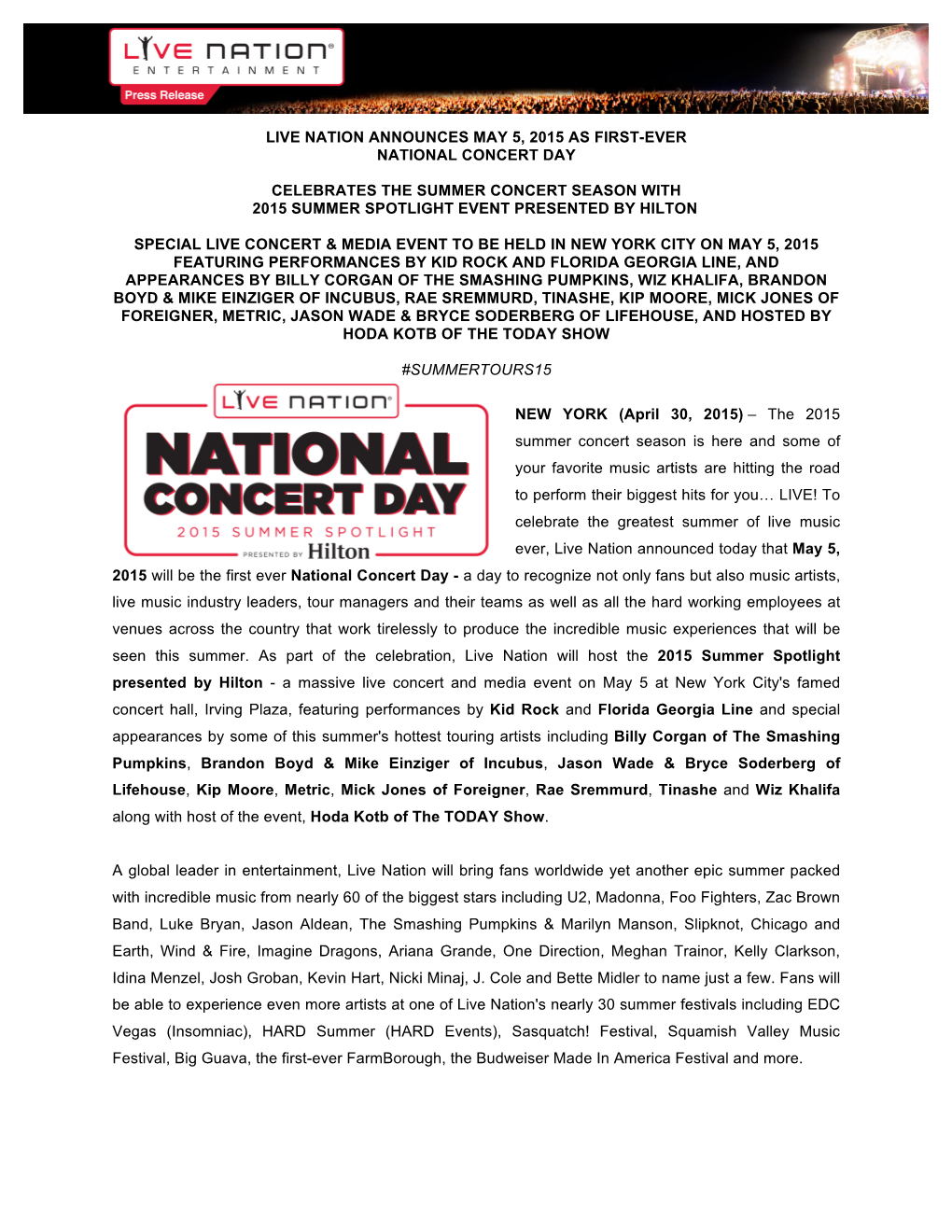 Live Nation Announces May 5, 2015 As First-Ever National Concert Day Celebrates the Summer Concert Season with 2015 Summer