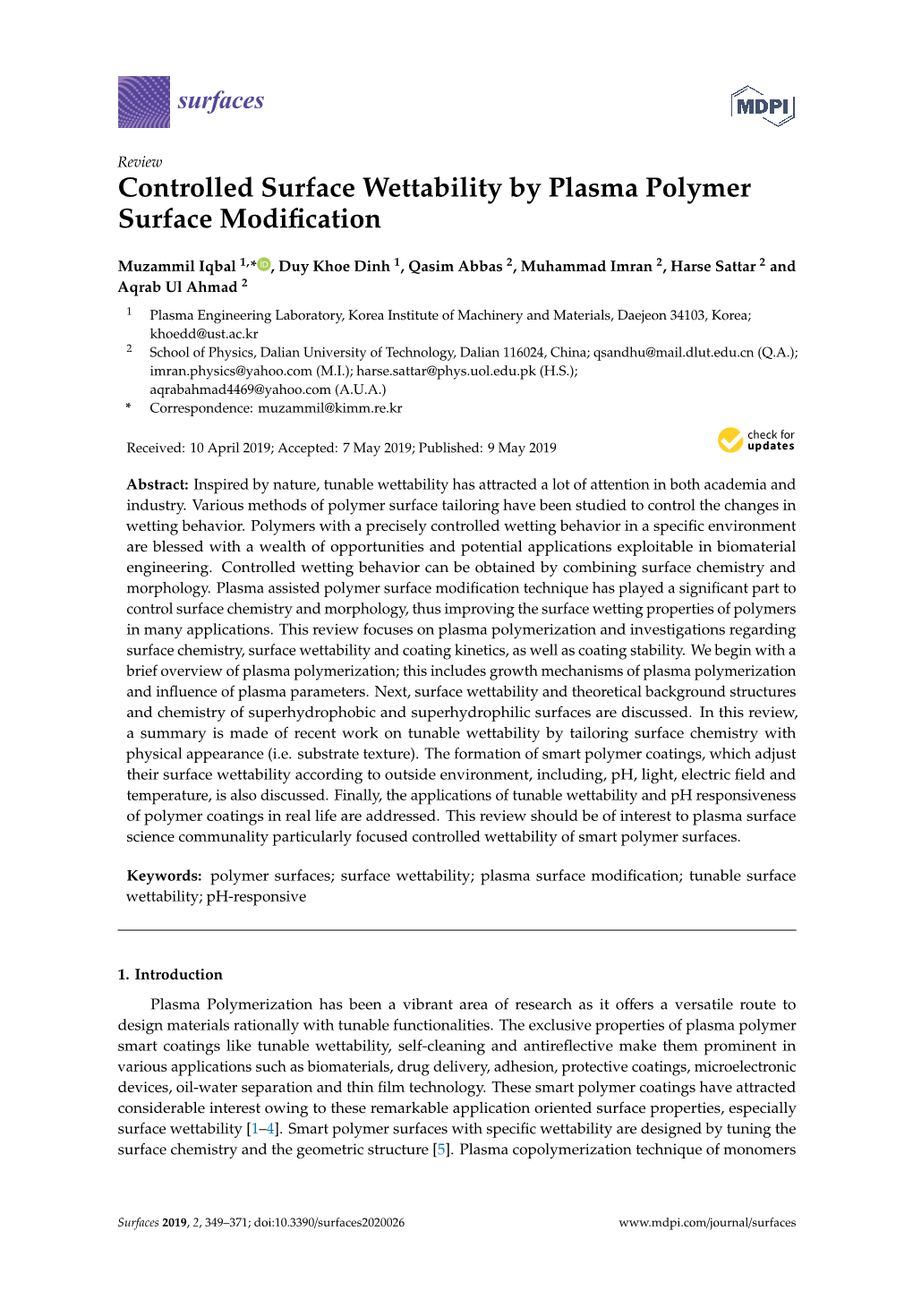 Controlled Surface Wettability by Plasma Polymer Surface Modiﬁcation