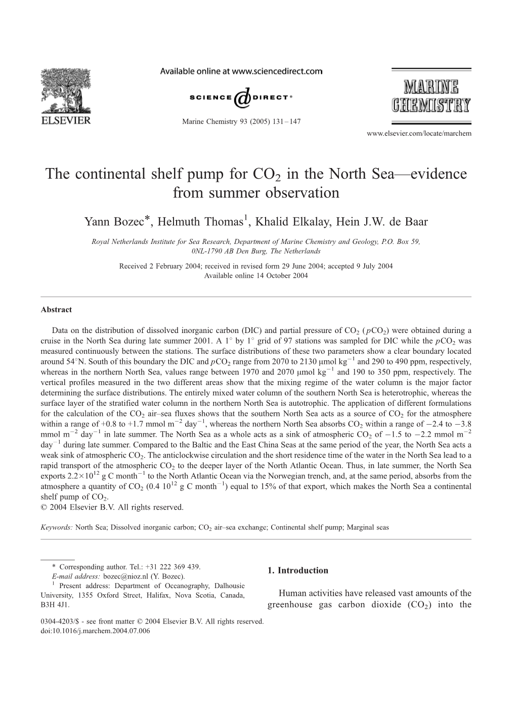 The Continental Shelf Pump for CO2 in the North Sea—Evidence from Summer Observation