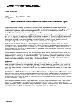 Israel: Mordechai Vanunu Sentence Clear Violation of Human Rights