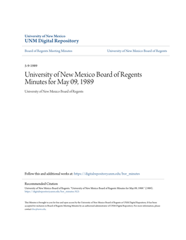University of New Mexico Board of Regents Minutes for May 09, 1989 University of New Mexico Board of Regents