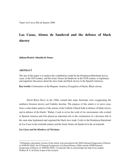 Las Casas, Alonso De Sandoval and the Defence of Black Slavery