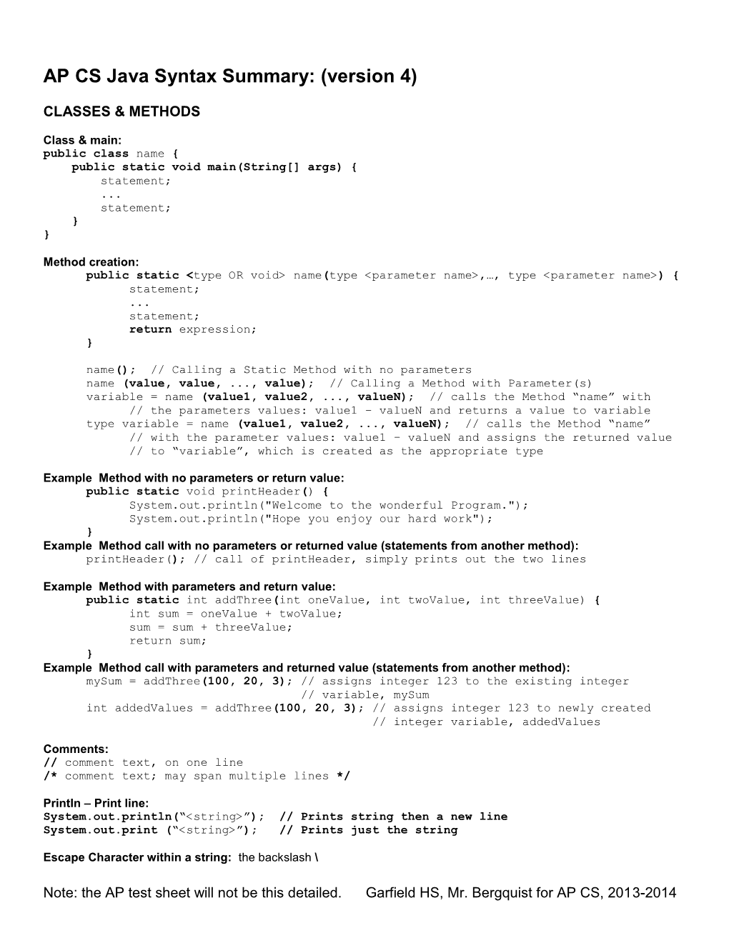 AP CS Java Syntax Summary: (Version 4)