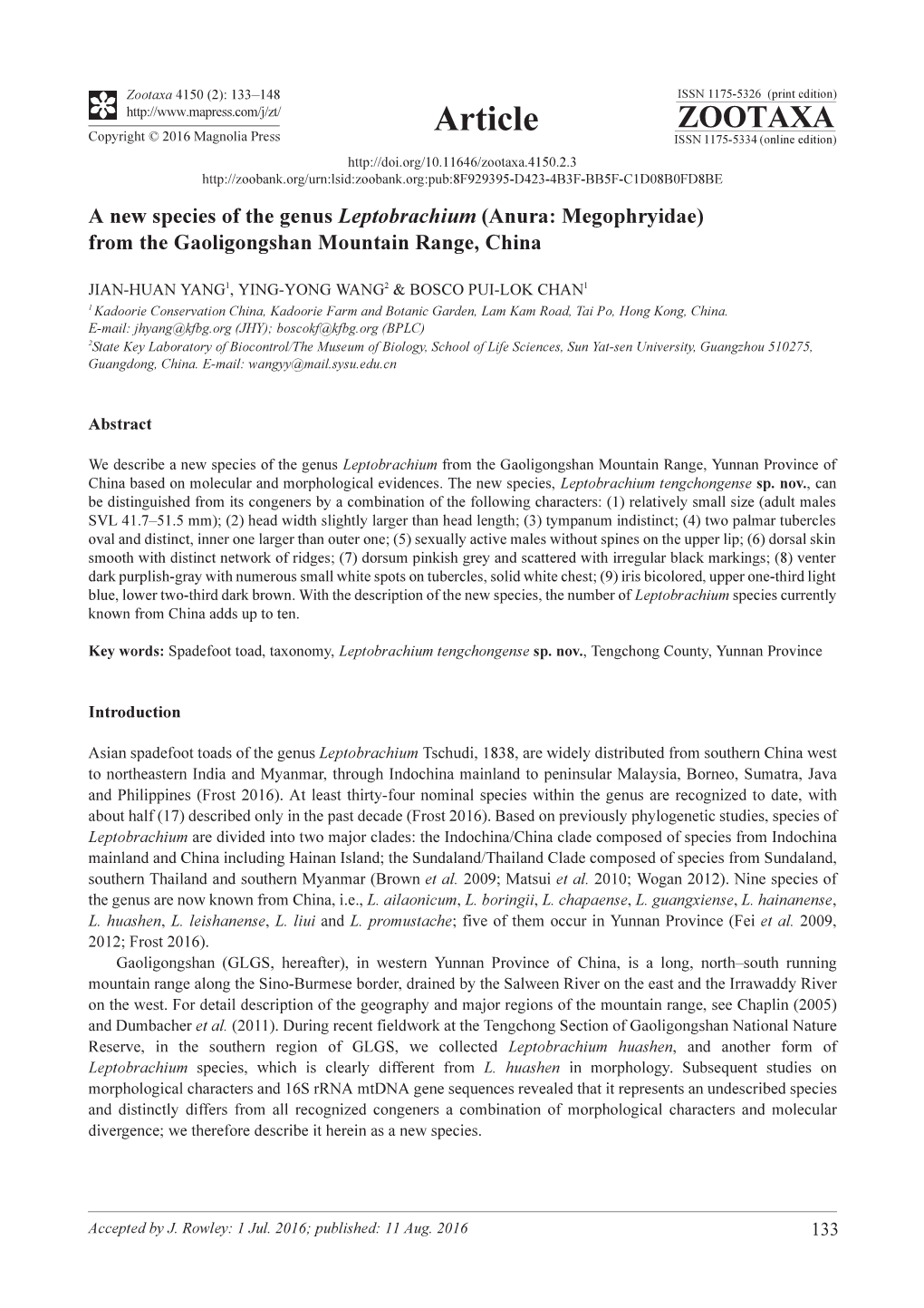 A New Species of the Genus Leptobrachium (Anura: Megophryidae) from the Gaoligongshan Mountain Range, China