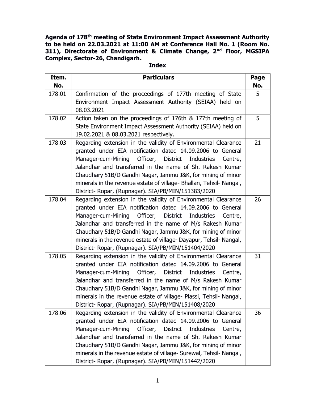 1 Agenda of 178Th Meeting of State Environment Impact Assessment