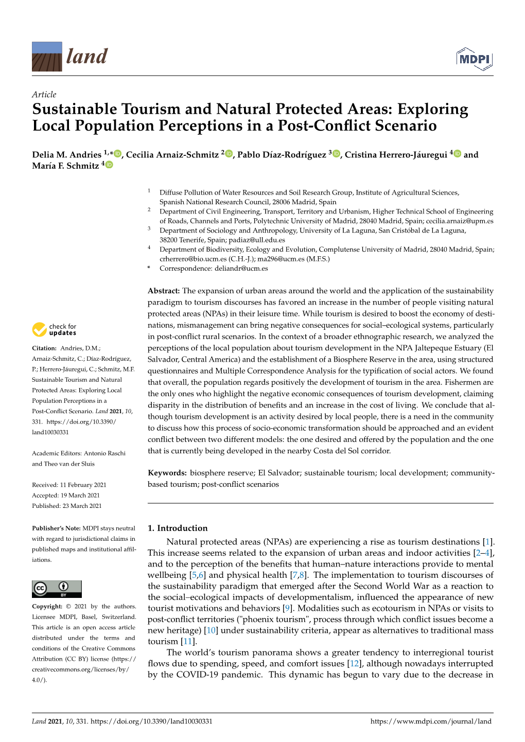 Sustainable Tourism and Natural Protected Areas: Exploring Local Population Perceptions in a Post-Conﬂict Scenario