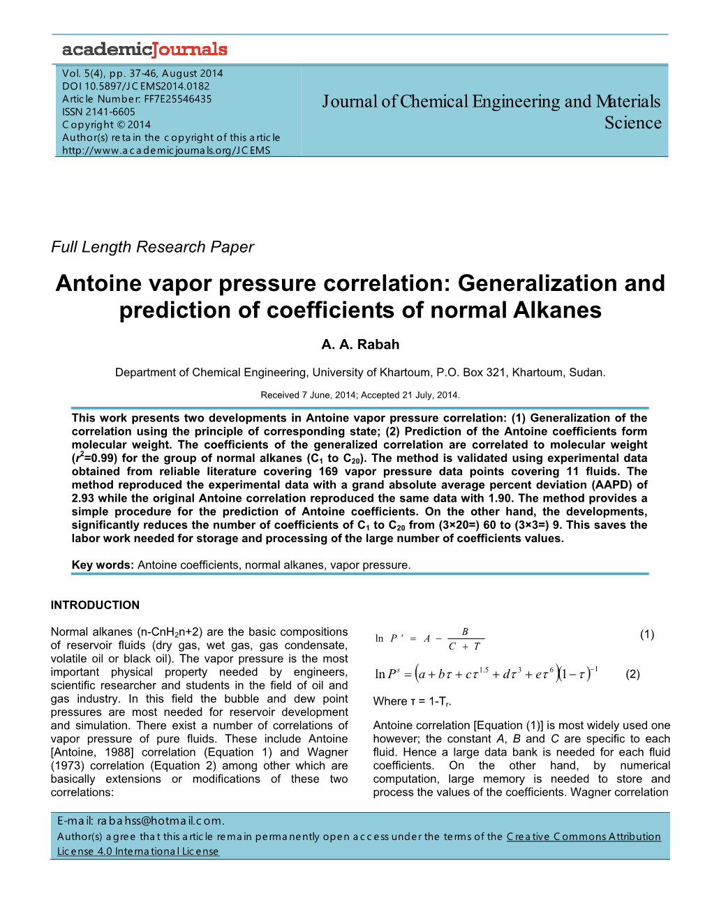 Antoine Vapor Pressure Correlation: Generalization and Prediction of Coefficients of Normal Alkanes
