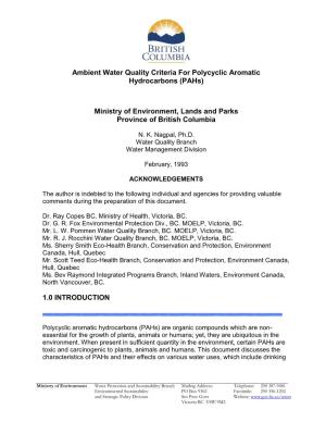 Ambient Water Quality Criteria for Polycyclic Aromatic Hydrocarbons (Pahs)