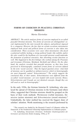 FORMS of COERCION in PEACEFUL CHRISTIAN MISSIONS Marius Ščavinskas