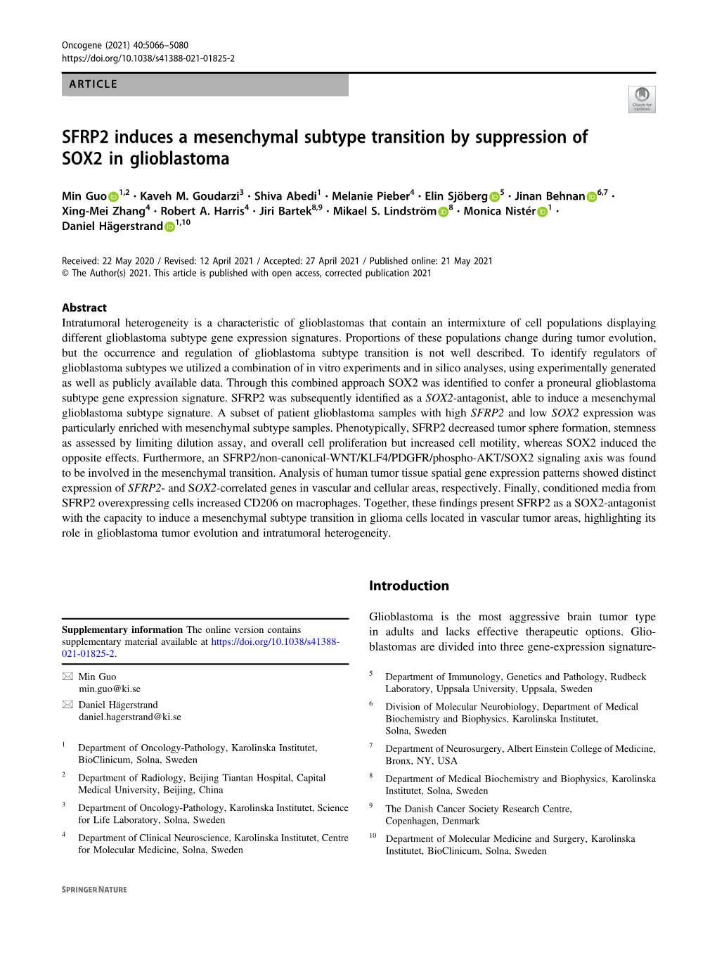 SFRP2 Induces a Mesenchymal Subtype Transition by Suppression of SOX2 in Glioblastoma