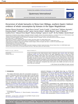 Occurrence of Whale Barnacles in Nerja Cave (Málaga, Southern Spain): Indirect Evidence of Whale Consumption by Humans in the Upper Magdalenian