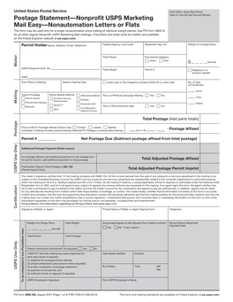 Nonprofit USPS Marketing Mail Easy—Nonautomation Letters Or Flats This Form May Be Used Only for a Single Nonautomation Price Mailing of Identical-Weight Pieces