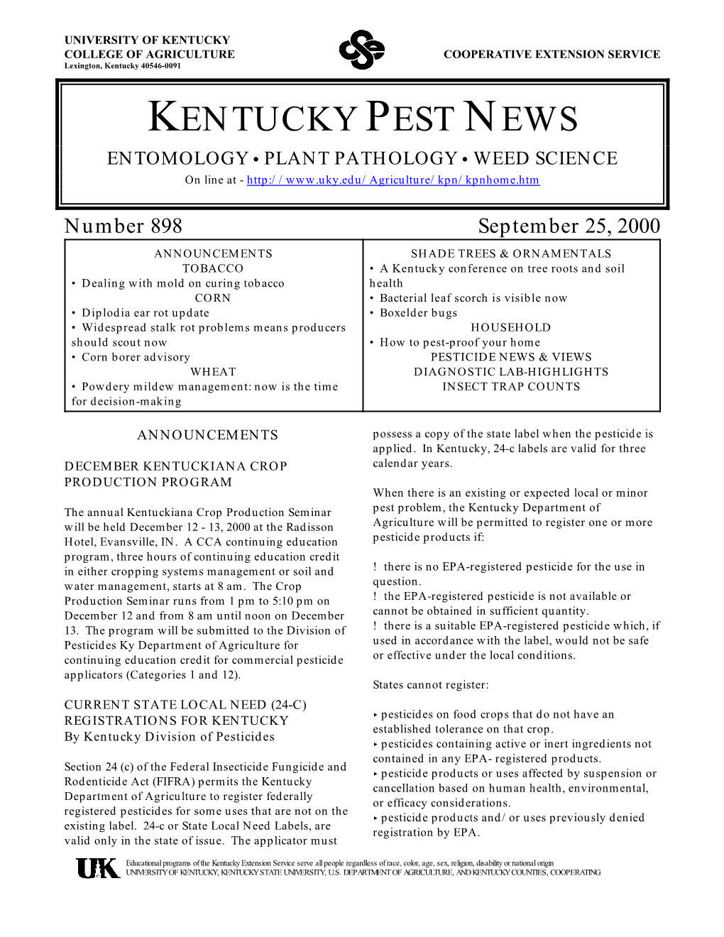 KENTUCKY PEST NEWS ENTOMOLOGY C PLANT PATHOLOGY C WEED SCIENCE on Line at