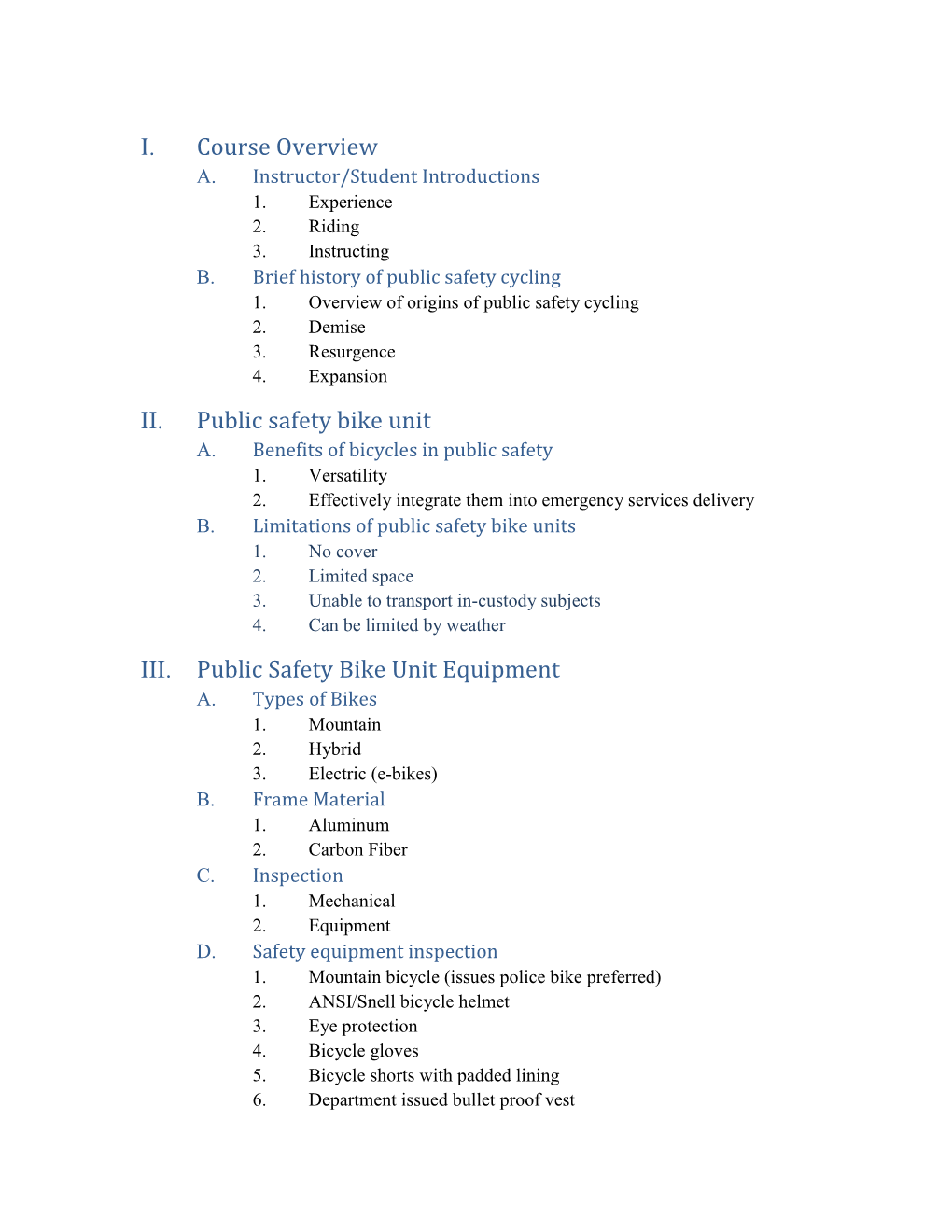 Bicycle Patrol Instructor Course Outline