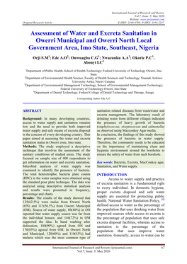 Assessment of Water and Excreta Sanitation in Owerri Municipal and Owerri North Local Government Area, Imo State, Southeast, Nigeria
