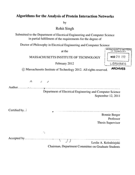 Algorithms for the Analysis of Protein Interaction Networks Rohit Singh