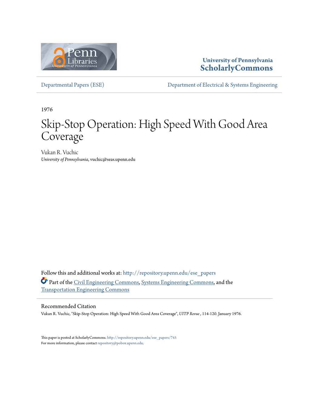 Skip-Stop Operation: High Speed with Good Area Coverage Vukan R