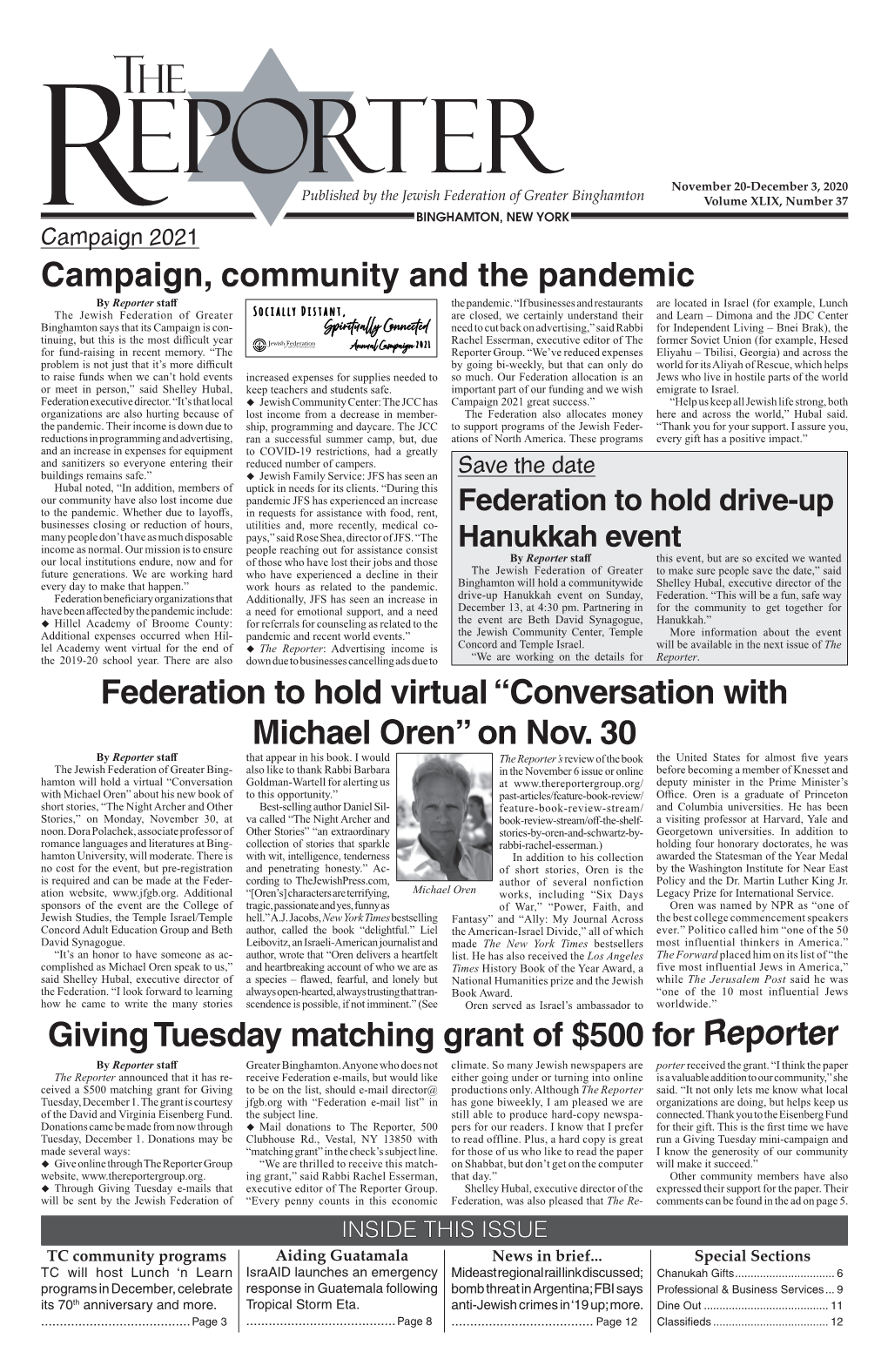 Federation to Hold Virtual “Conversation with Michael Oren” on Nov. 30 Giving Tuesday Matching Grant of $500 for Reporter Ca