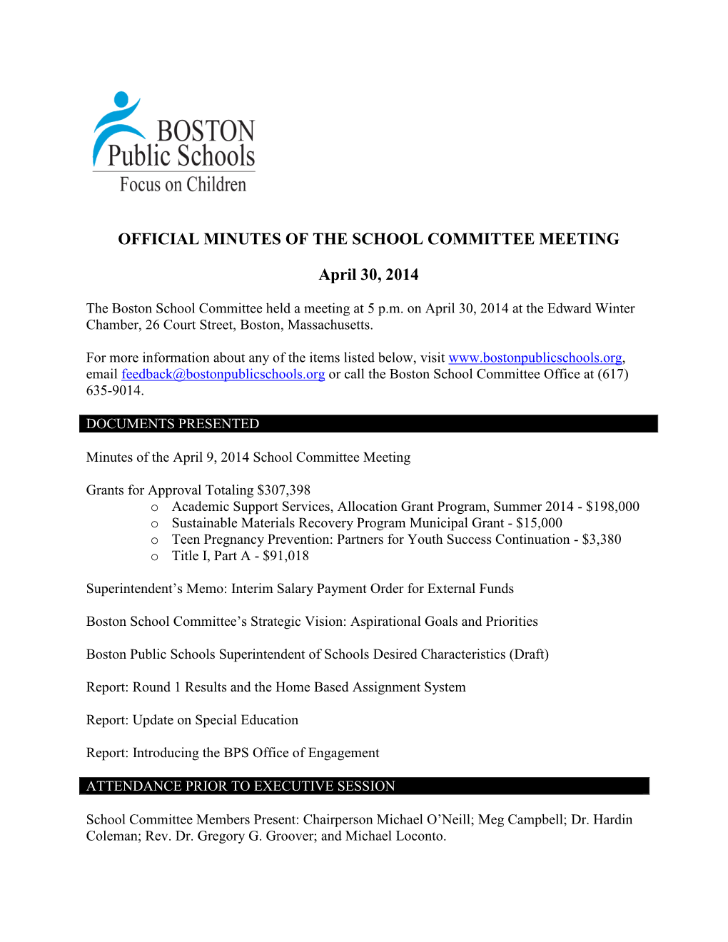 Official Minutes of the School Committee Meeting