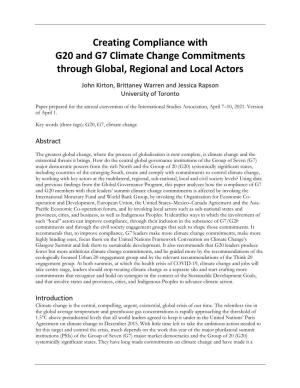 Creating Compliance with G20 and G7 Climate Change Commitments Through Global, Regional and Local Actors