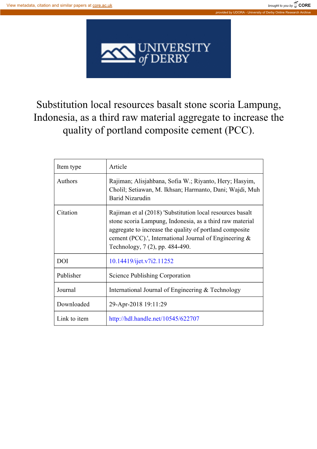 Substitution Local Resources Basalt Stone Scoria Lampung, Indonesia, As a Third Raw Material Aggregate to Increase the Quality of Portland Composite Cement (PCC)