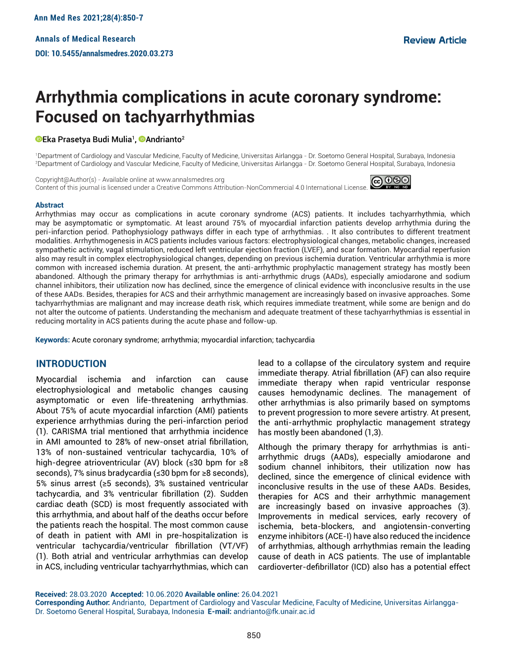 Arrhythmia Complications in Acute Coronary Syndrome: Focused on Tachyarrhythmias