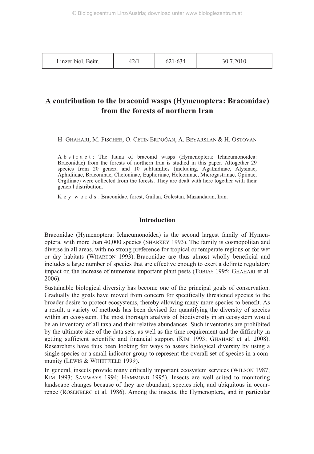 A Contribution to the Braconid Wasps (Hymenoptera: Braconidae) from the Forests of Northern Iran