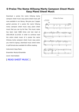O Praise the Name Hillsong Marty Sampson Sheet Music Easy Piano Sheet Music