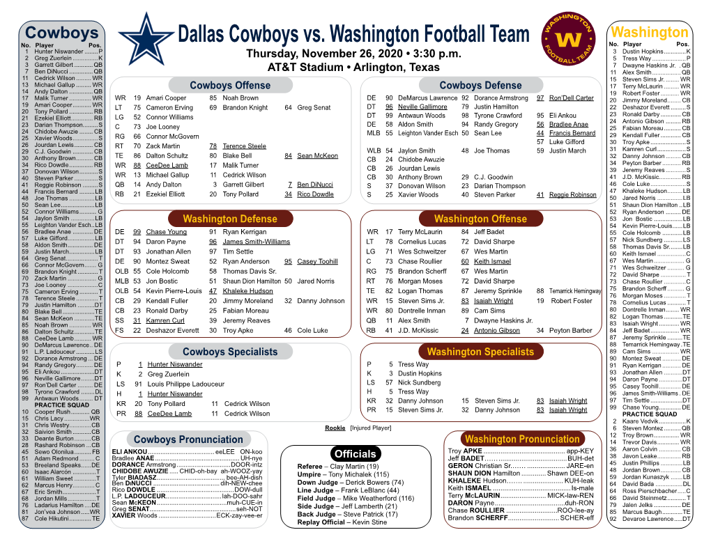 Dallas Cowboys Vs. Washington Football Team ­ No