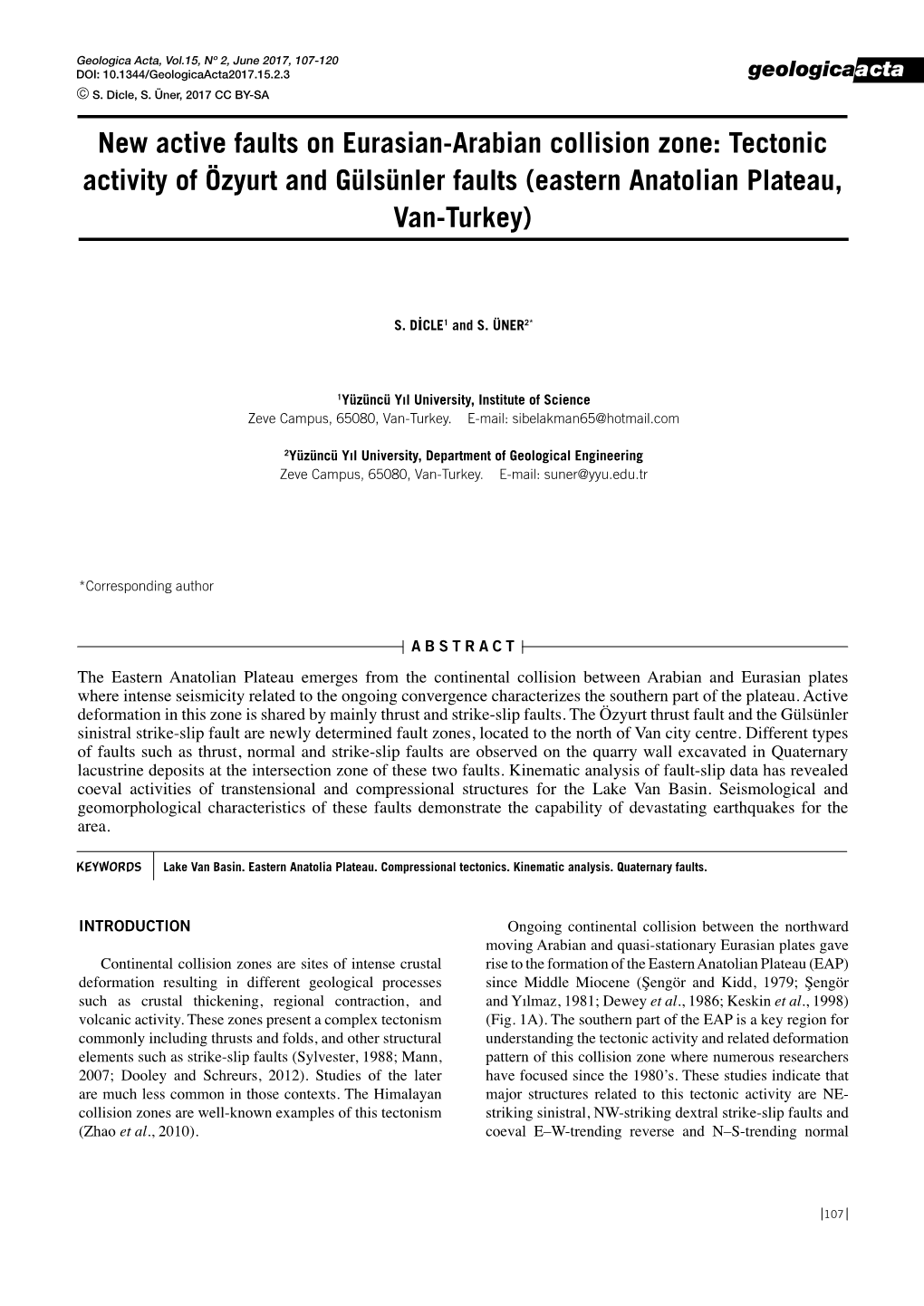 New Active Faults on Eurasian-Arabian Collision Zone: Tectonic Activity of Özyurt and Gülsünler Faults (Eastern Anatolian Plateau, Van-Turkey)