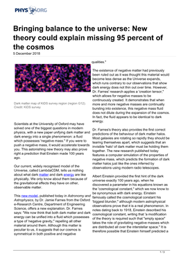 Bringing Balance to the Universe: New Theory Could Explain Missing 95 Percent of the Cosmos 5 December 2018