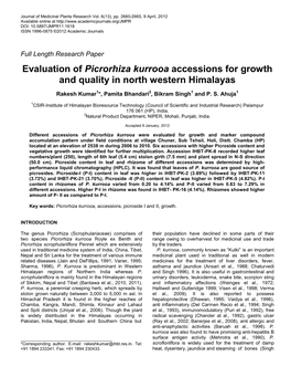 Evaluation of Picrorhiza Kurrooa Accessions for Growth and Quality in North Western Himalayas