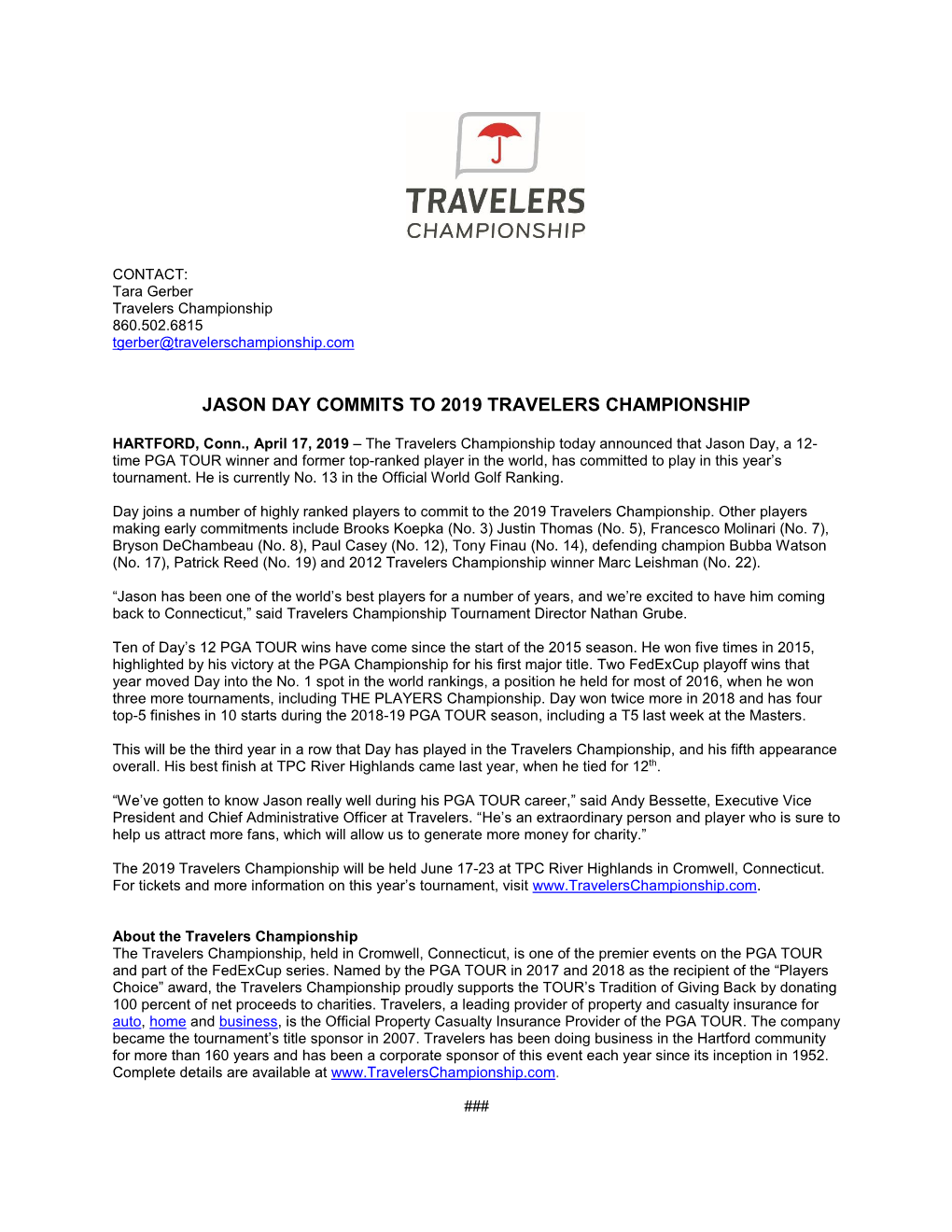 Jason Day Commits to 2019 Travelers Championship