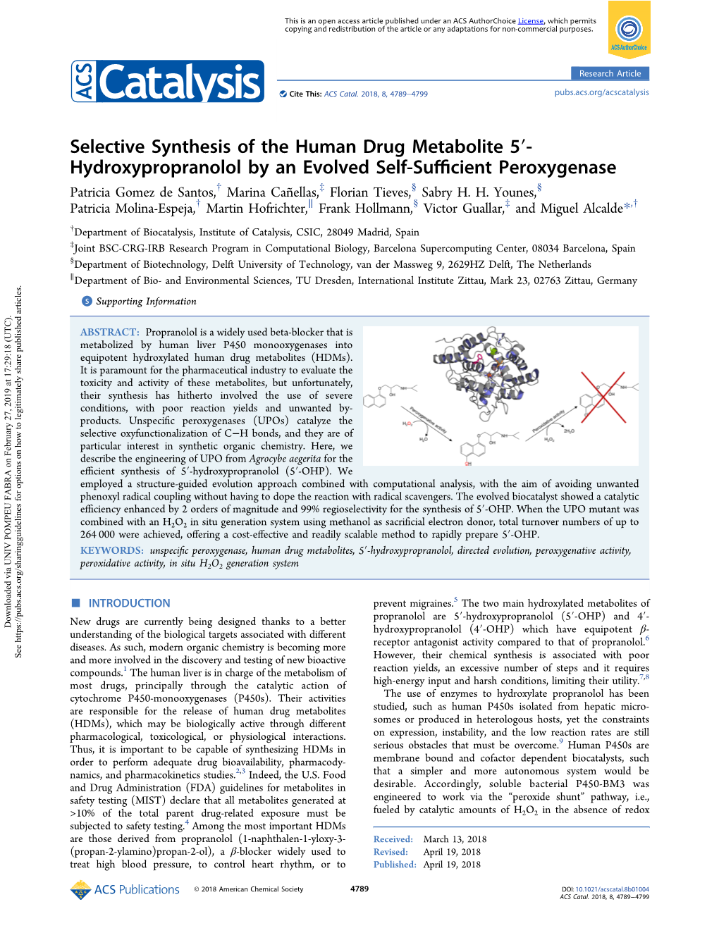 Hydroxypropranolol by an Evolved Self-Sufficient Peroxygenase