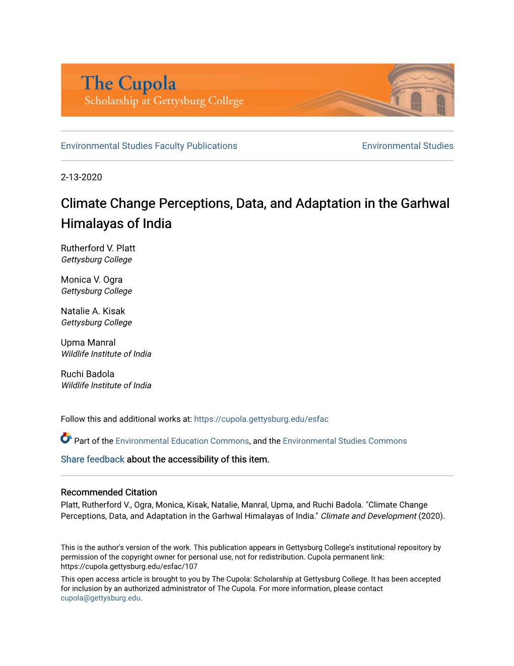 Climate Change Perceptions, Data, and Adaptation in the Garhwal Himalayas of India