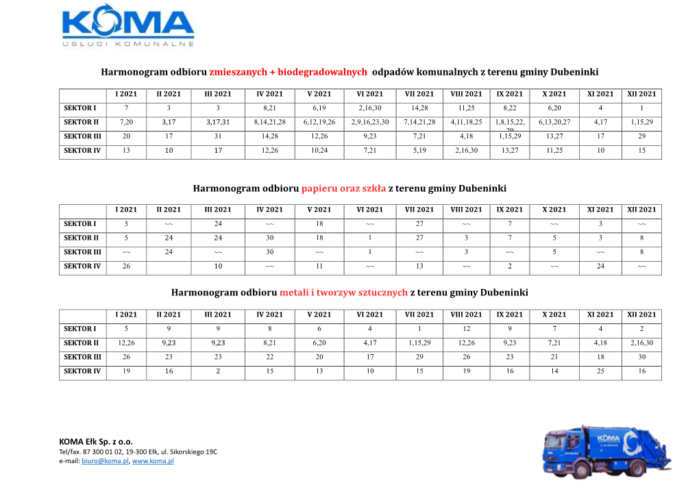 Harmonogram Odbioru Zmieszanych + Biodegradowalnych Odpadów Komunalnych Z Terenu Gminy Dubeninki
