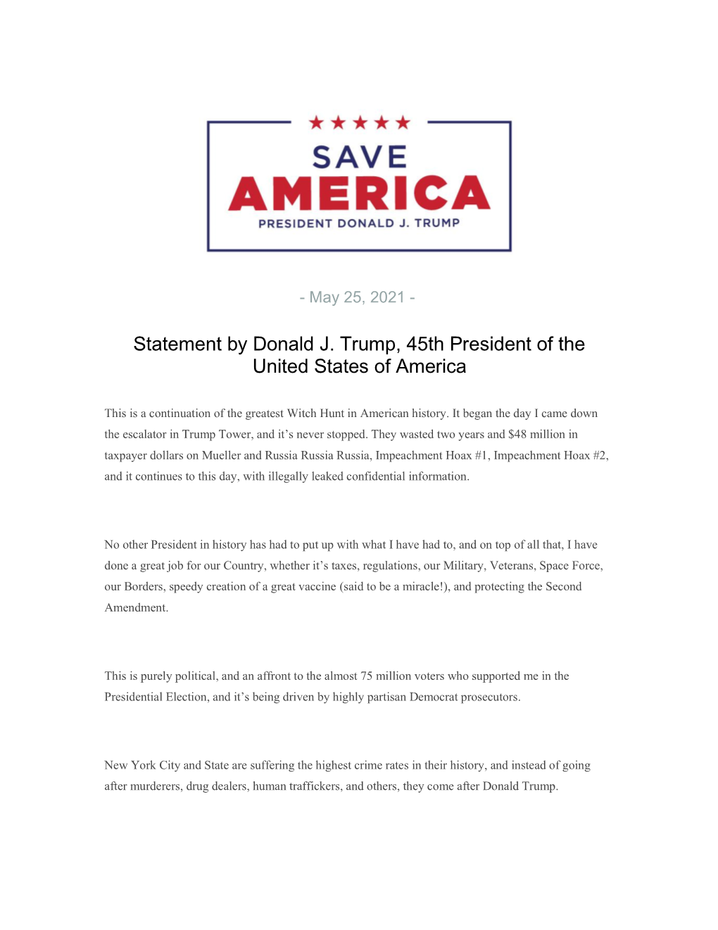 Statement by Donald J. Trump, 45Th President of the United States of America