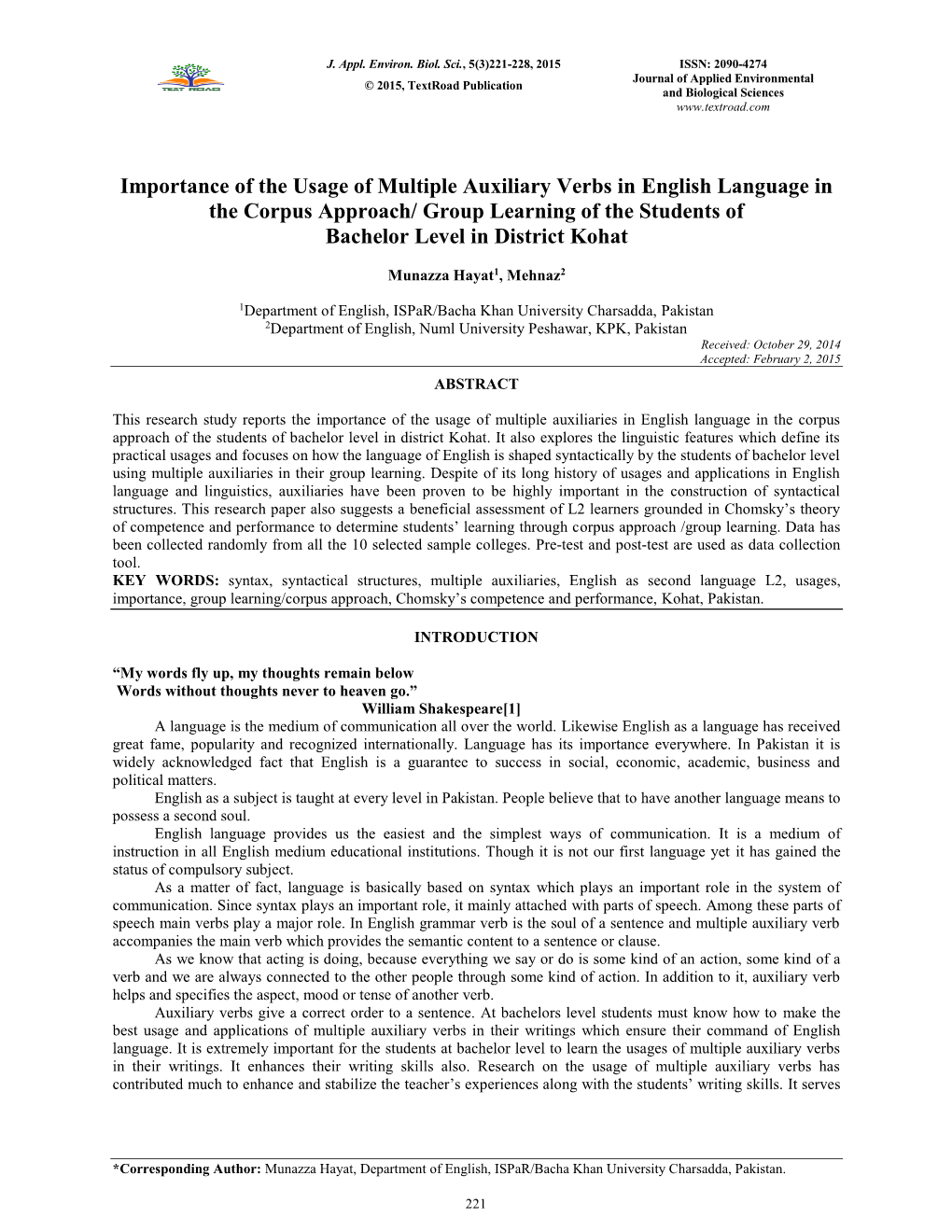 Importance of the Usage of Multiple Auxiliary Verbs in English Language in the Corpus Approach/ Group Learning of the Students of Bachelor Level in District Kohat