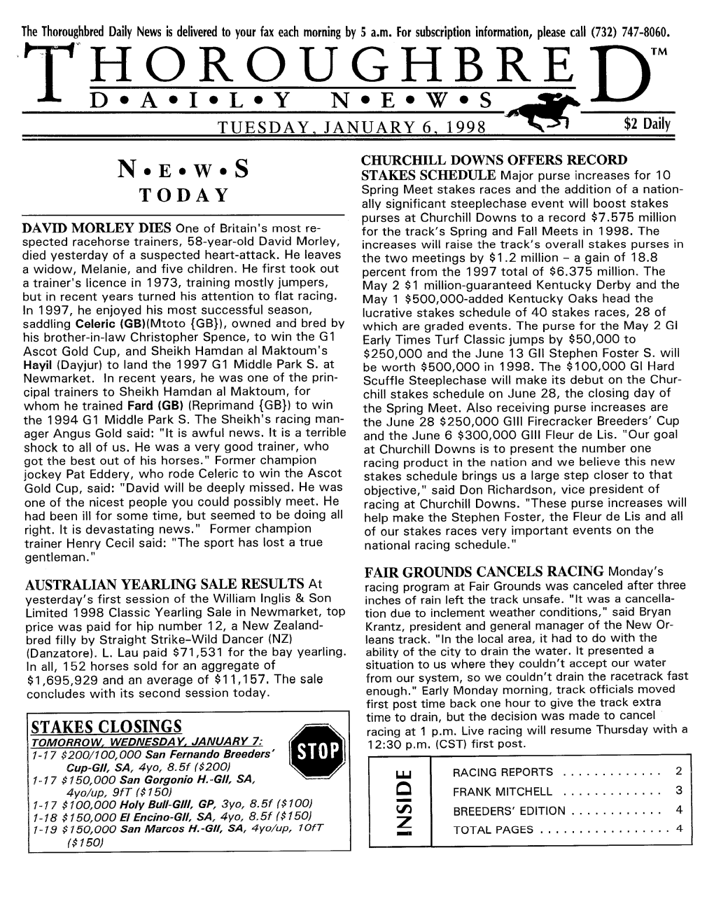 ·T·· 'HOROUGHBRE DTM D•A•I•L•Y N•E•W•S ~---- TUESDAY JANUARY6 1998 -~ $2Daily