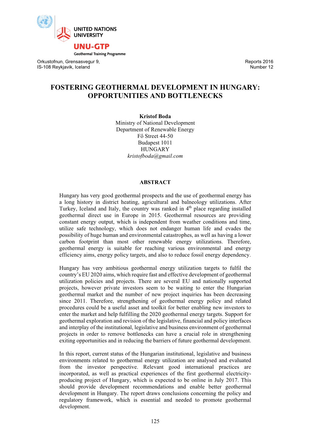 Fostering Geothermal Development in Hungary: Opportunities and Bottlenecks